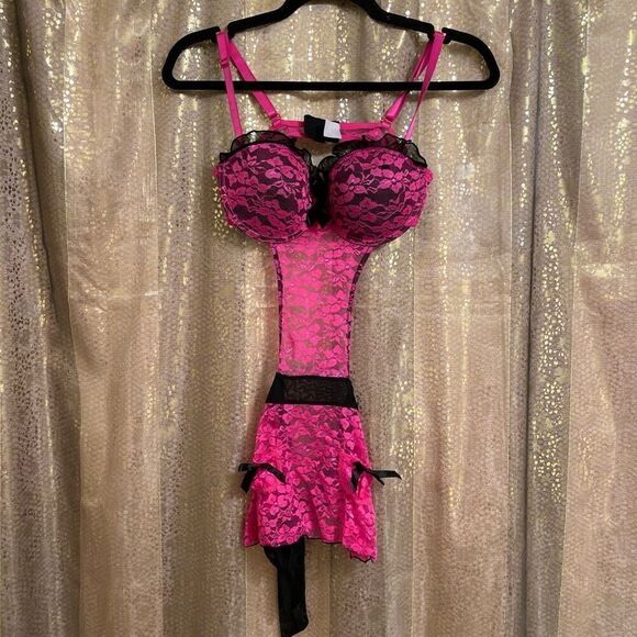 Hot Pink Black Lace Padded Push Up Tie Back Baby Doll Lingerie Med NWOT - Picture 1 of 8
